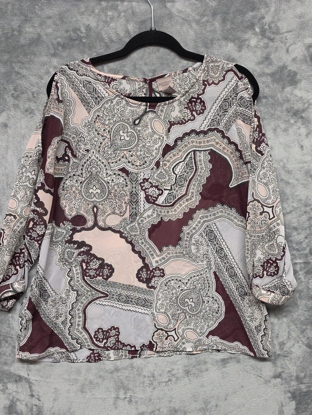 Chico's Paisley Floral Keyhole Blouse in Maroon and Cream